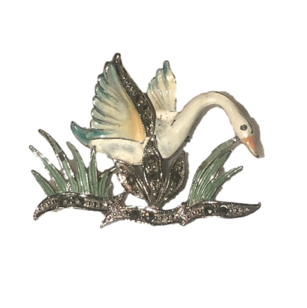 VTG Alice Caviness Marcasite Painted Swan Cygnet Brooch Silver Tone Metal 1.5”